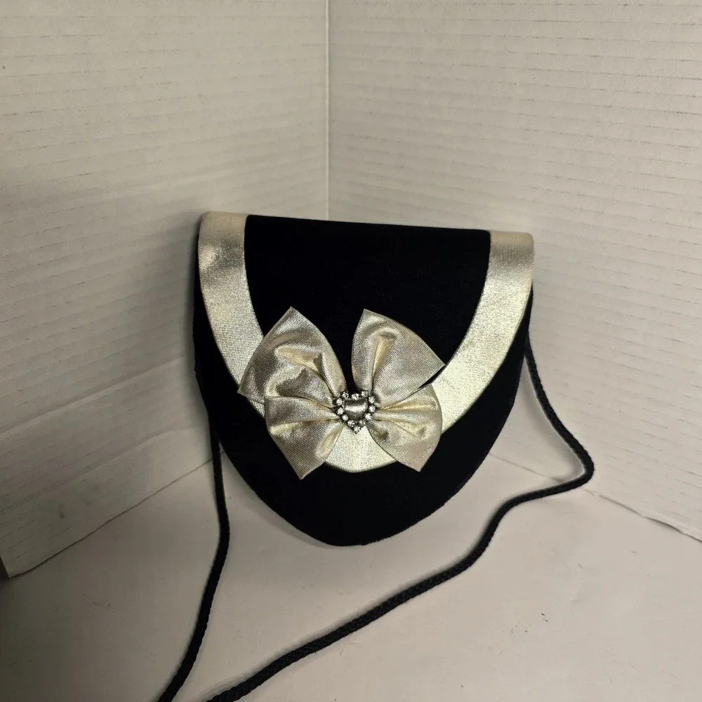 Black Velvet Evening‎ Bag Gold Bow Rhinestone Accent Clutch